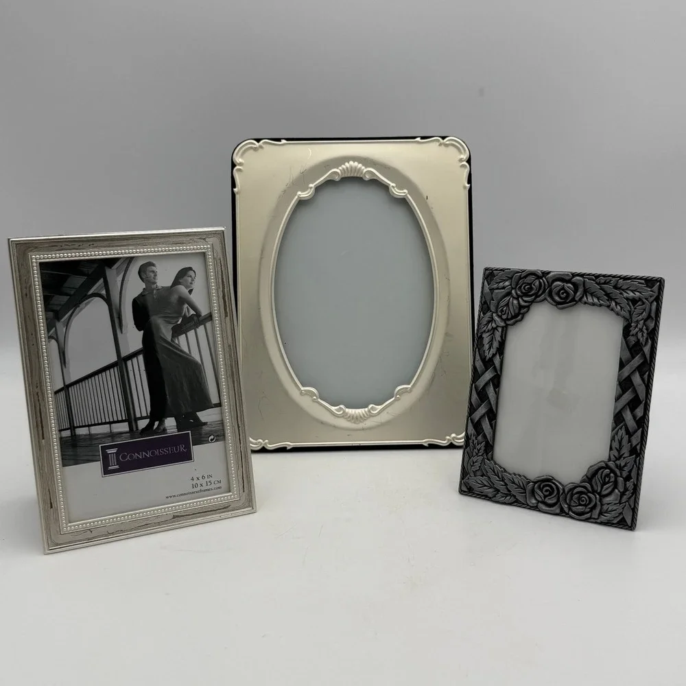 Vintage Silver & Cream Picture Frame Set Fetco Oval Connoisseur Beaded Rose 3pc